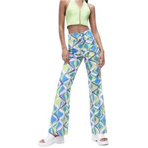 Zara Printed Linen Flared Boot Cut High Waisted Pants Sz Small Blue light green